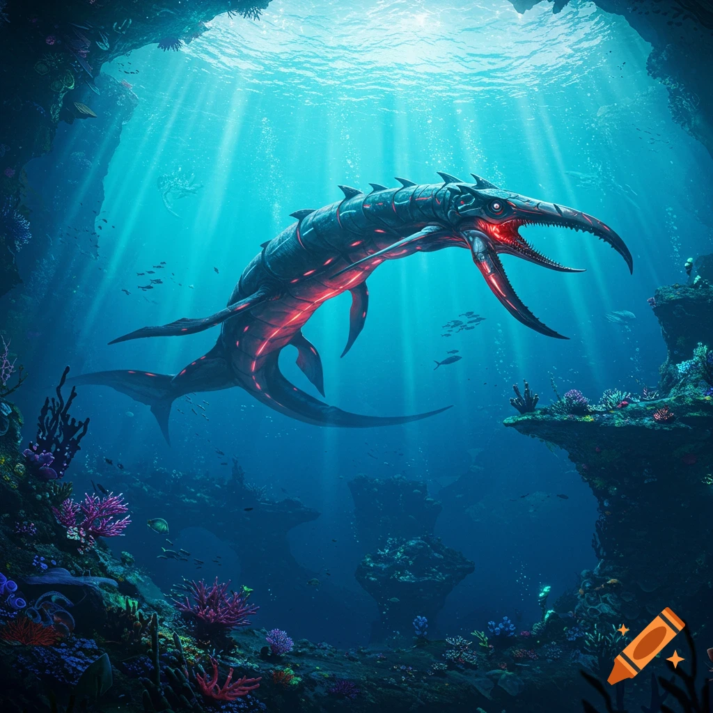 A large, glowing red and black sci-fi leviathan creature swims in a deep blue underwater cave with coral.