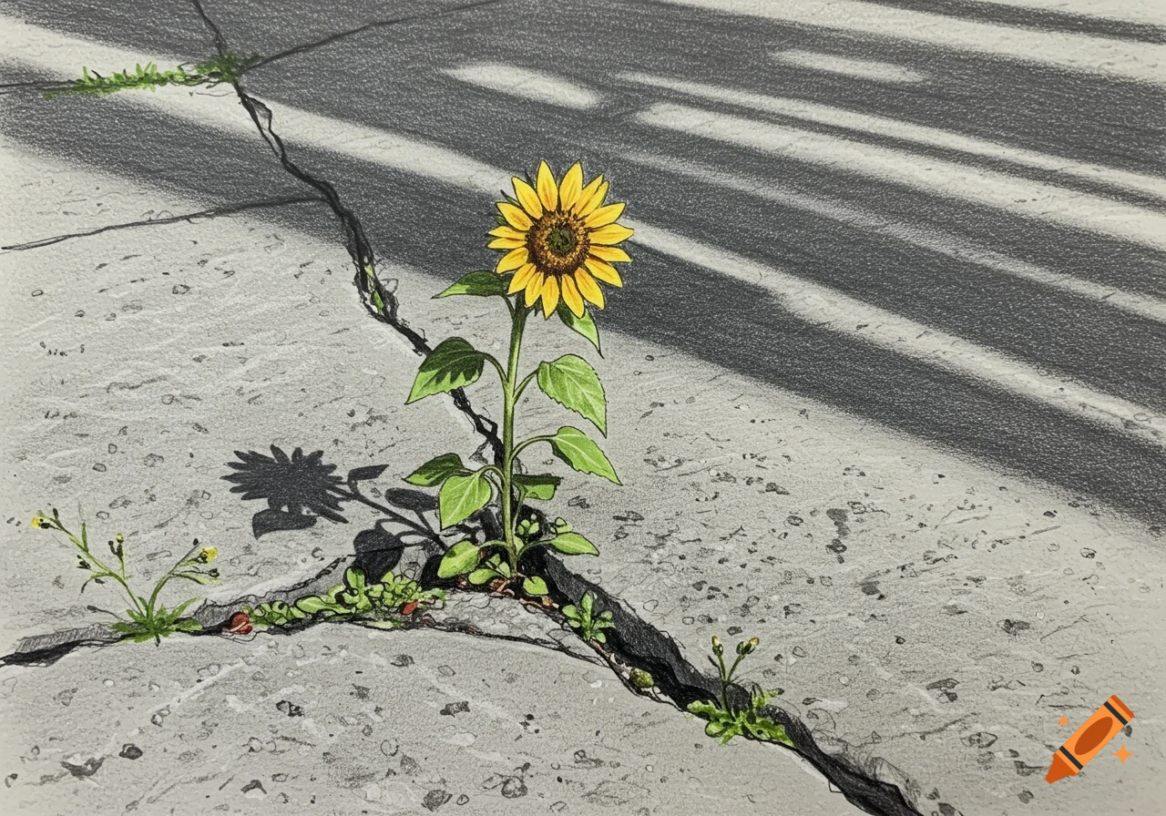 Colored pencil sketch of a sunflower and weeds growing from cracks in a gray sidewalk with long shadows.