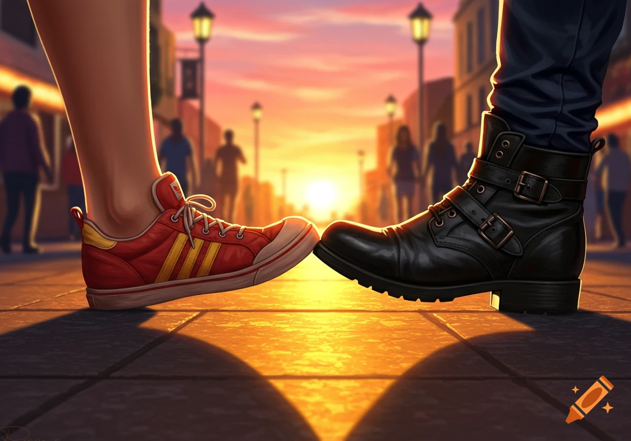 A close-up illustration of a foot in a red sneaker and another in a black boot, nearly touching on a street at sunset, with blurred figures in the background.