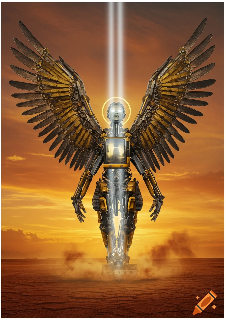 A detailed mechanical angel with large golden wings stands in a desert at sunset, with a light beam shining from its head.