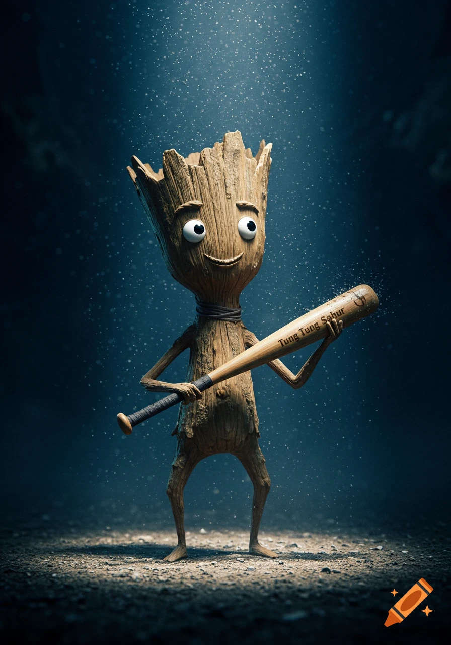 A whimsical wooden stick creature with googly eyes holds a baseball bat under a spotlight in a dark, dusty scene.