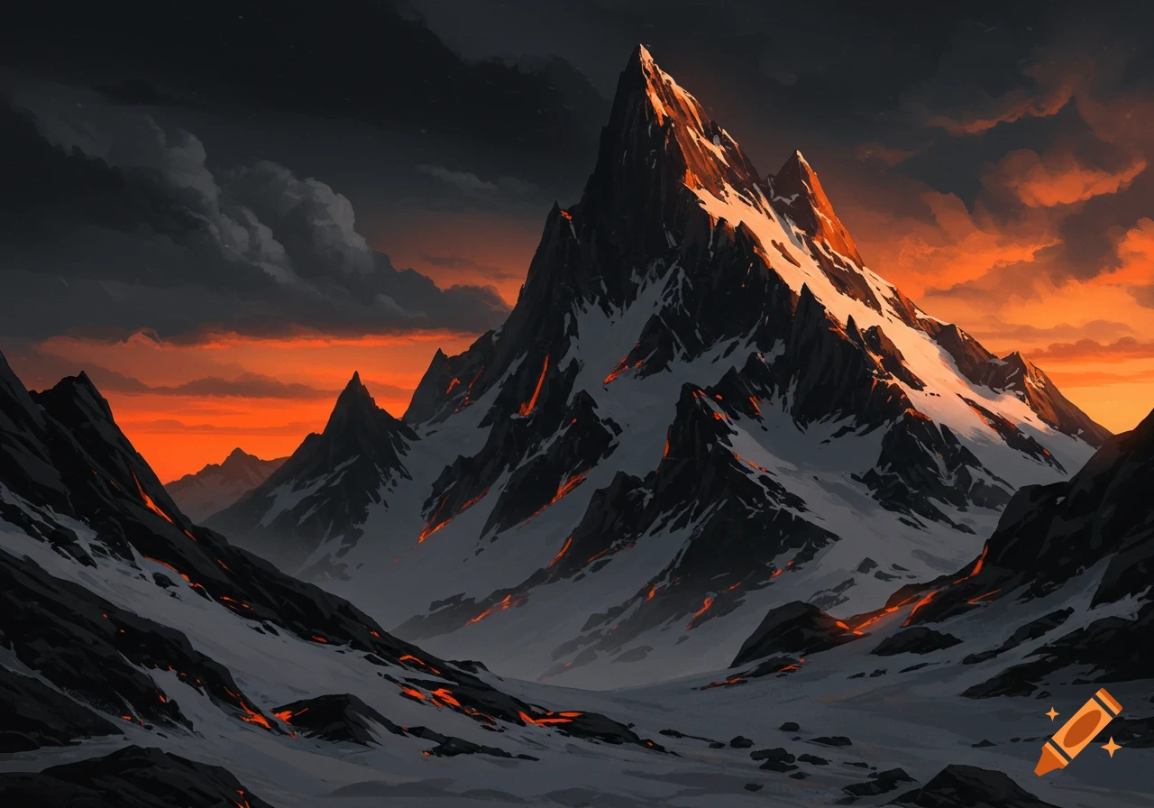 A dramatic digital drawing of snow-capped mountains and a valley, bathed in the fiery orange light of a sunset under dark clouds.