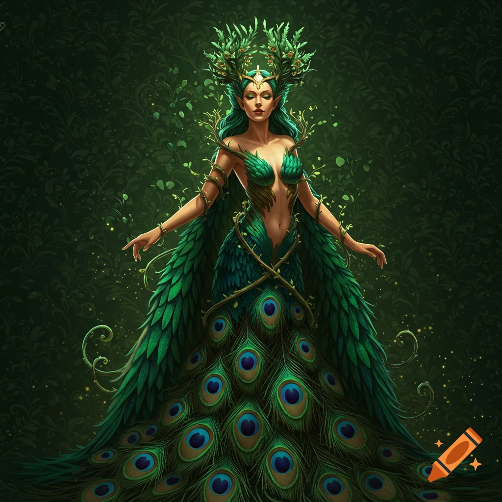 A fantasy goddess with green hair and a leafy crown, wearing a dress of peacock feathers and leaves, against a dark green ethereal background.