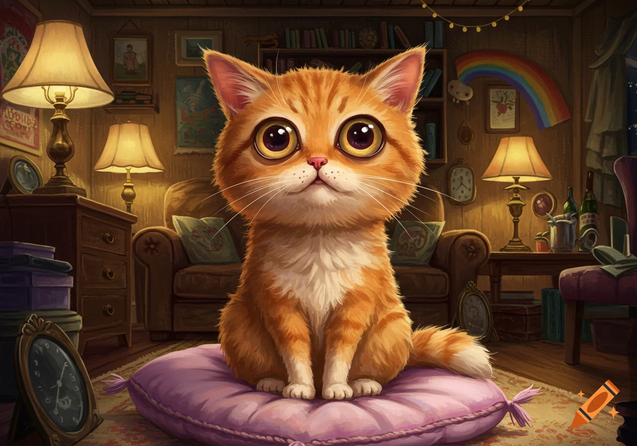 An illustration of a cute, wide-eyed orange tabby cat sitting on a purple cushion in a cozy, dimly lit room.