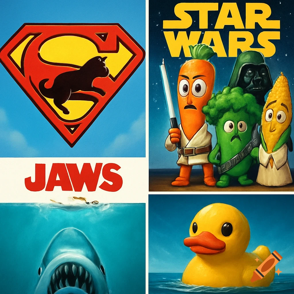 A four-panel image featuring pop culture parodies: a Superman logo with a black cat, "STAR WARS" with vegetable characters, "JAWS" with a shark and a rubber duck, and a standalone rubber duck in water.