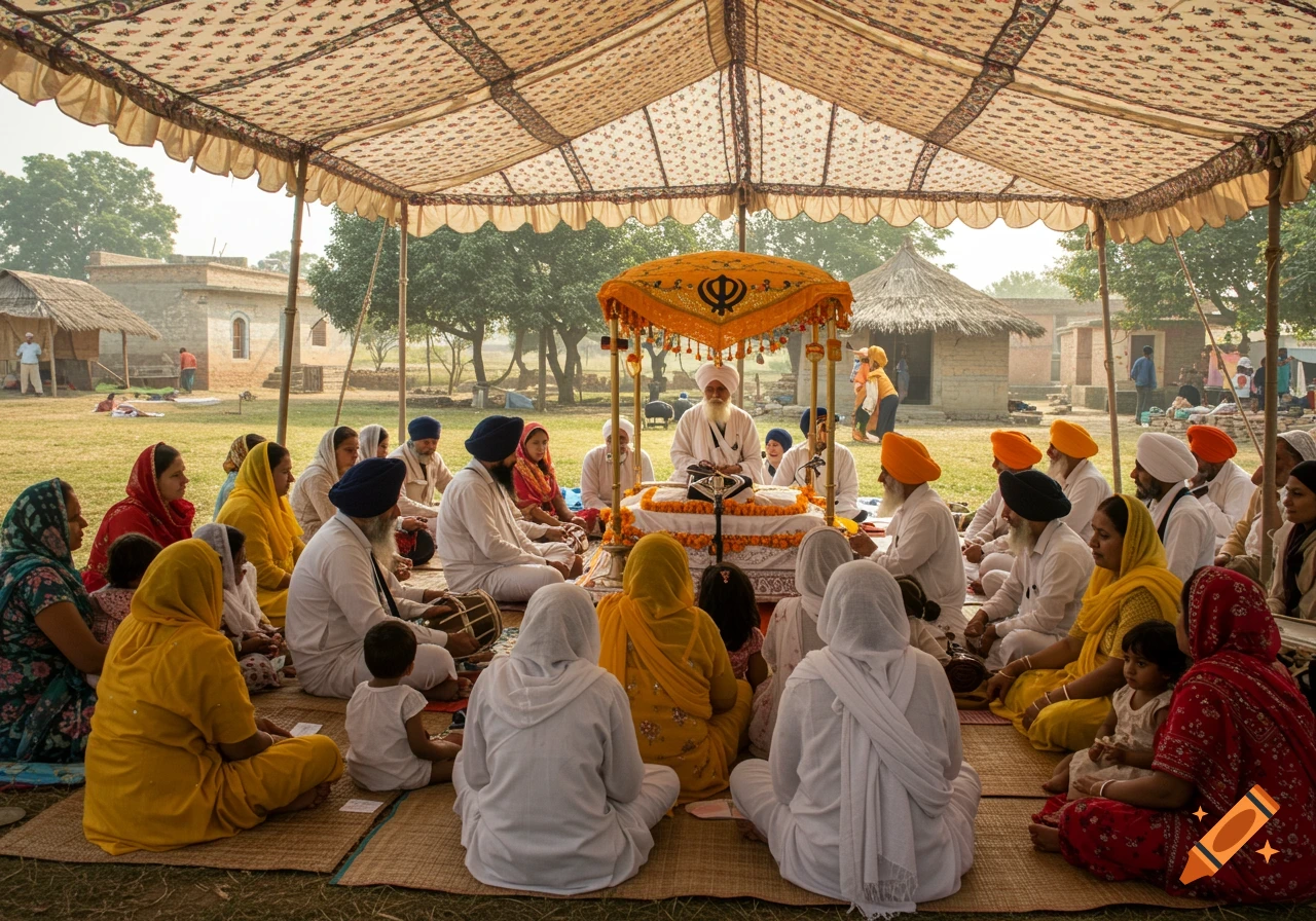 A large Sikh congregation sits on mats under a patterned canopy tent in a rural village setting, listening to a ceremony centered on a decorated platform with the Khanda symbol.