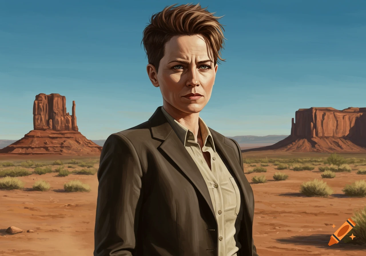 A stern-looking woman with short brown hair, wearing a suit jacket and collared shirt, stands in a vast desert landscape with large red rock formations under a clear blue sky.