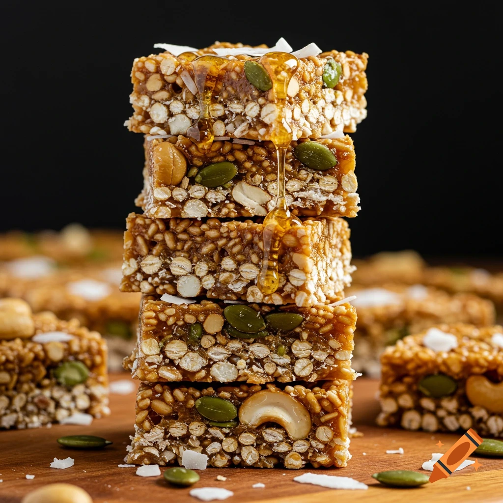 Photorealistic stack of Gula Melaka cashew and coconut nut bars with honey dripping, surrounded by nuts and coconut flakes on wood.