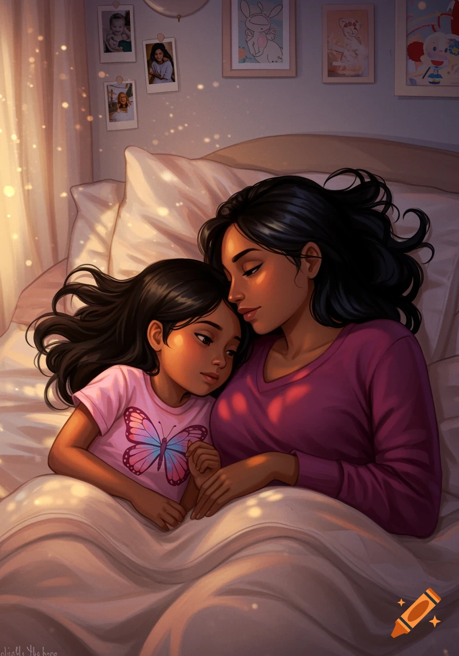 Digital illustration of a mother and daughter with dark hair and brown skin cuddling in a cozy bed, bathed in warm light.