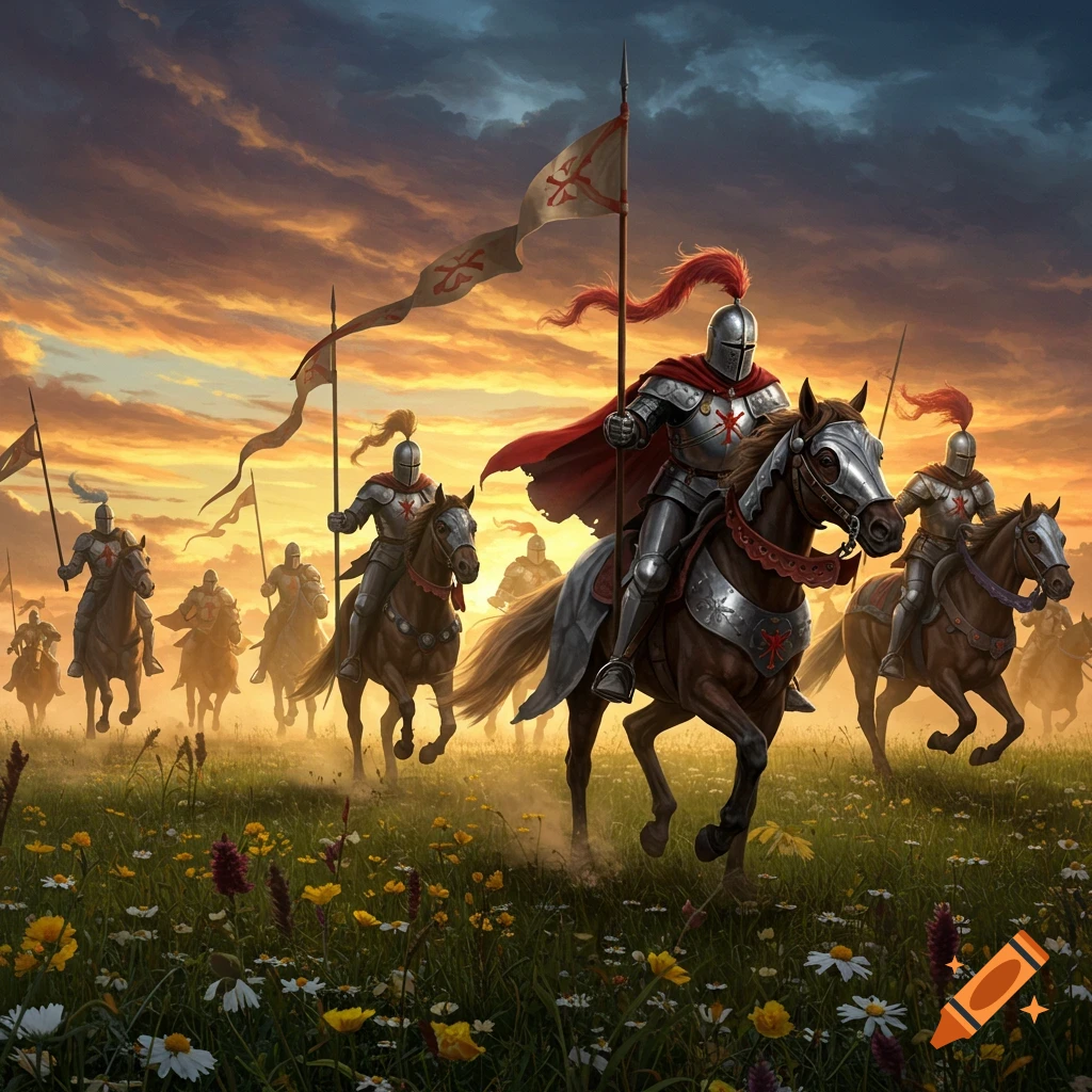 Armored knights with red plumes ride horses through a grassy field with wildflowers at sunset, in a detailed, painterly style.