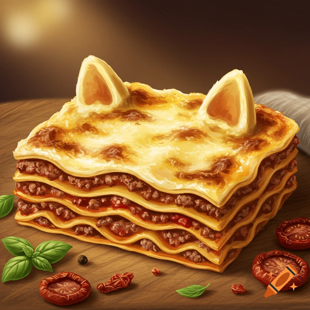 A golden-brown lasagna with cat ears on a wooden table, garnished with basil and sun-dried tomatoes.