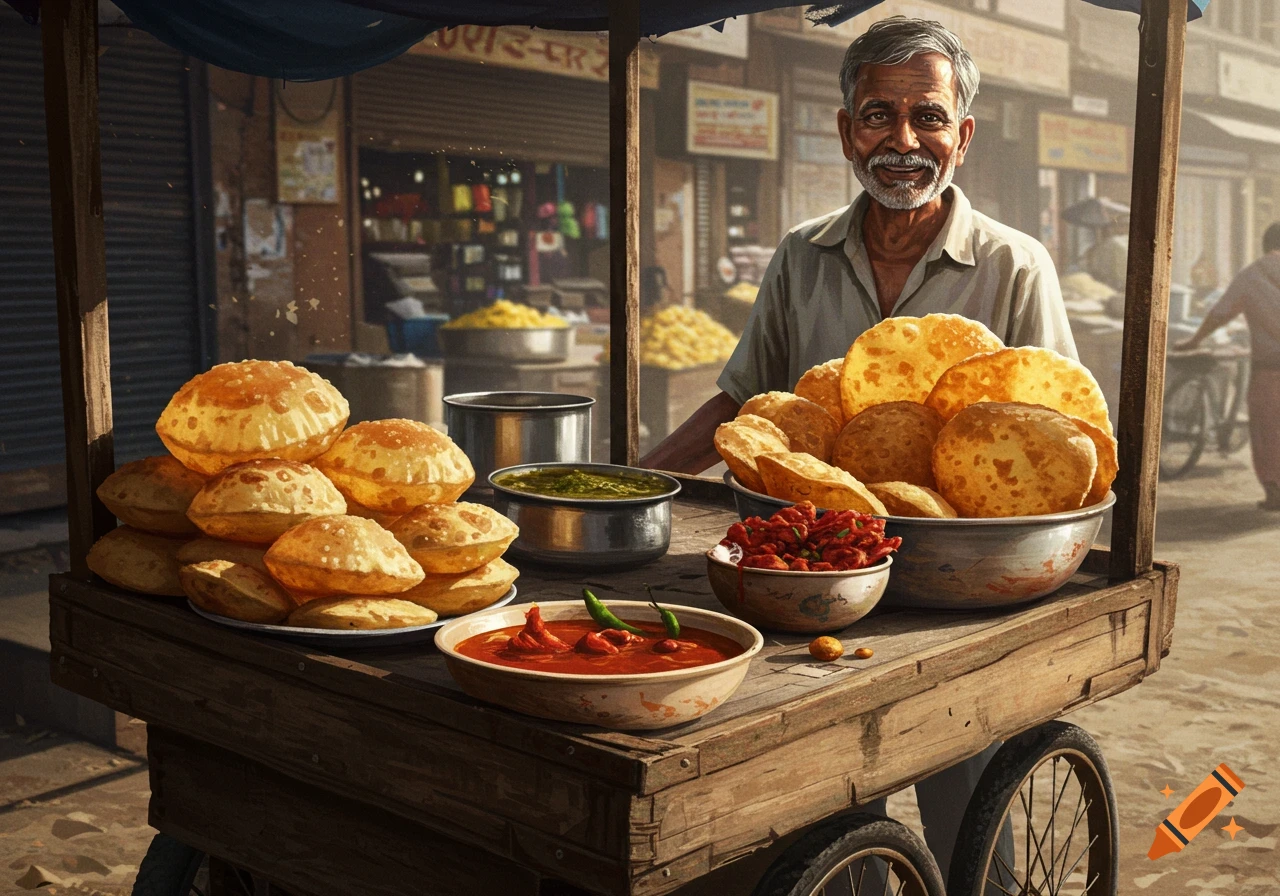 A smiling Indian street food vendor behind a cart piled with golden fried bread, sauces, and spices in a bustling market.