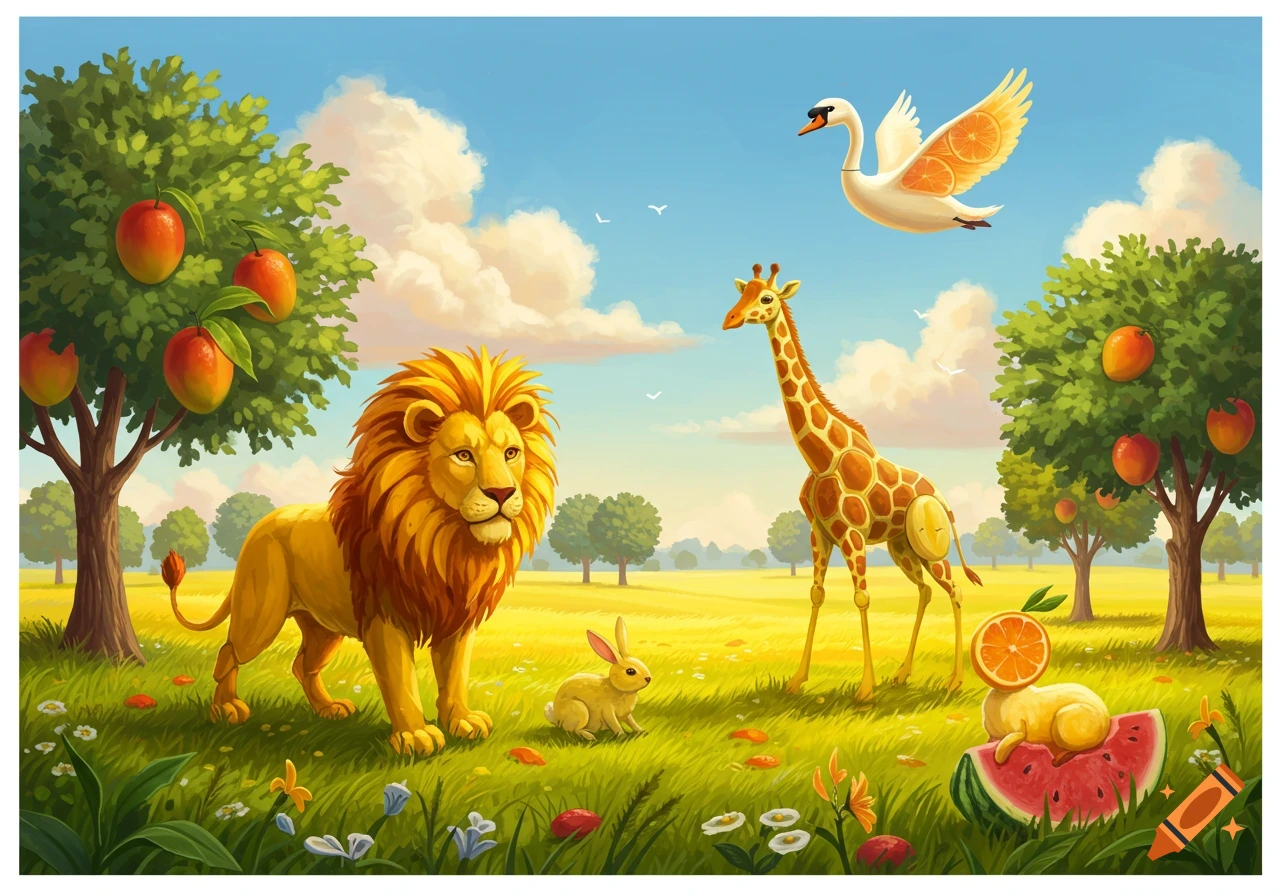 Vibrant cartoon animals made of fruit, including a lion, a giraffe with orange segments, a swan with orange slice wings, and a rabbit with an orange head, in a sunny meadow.