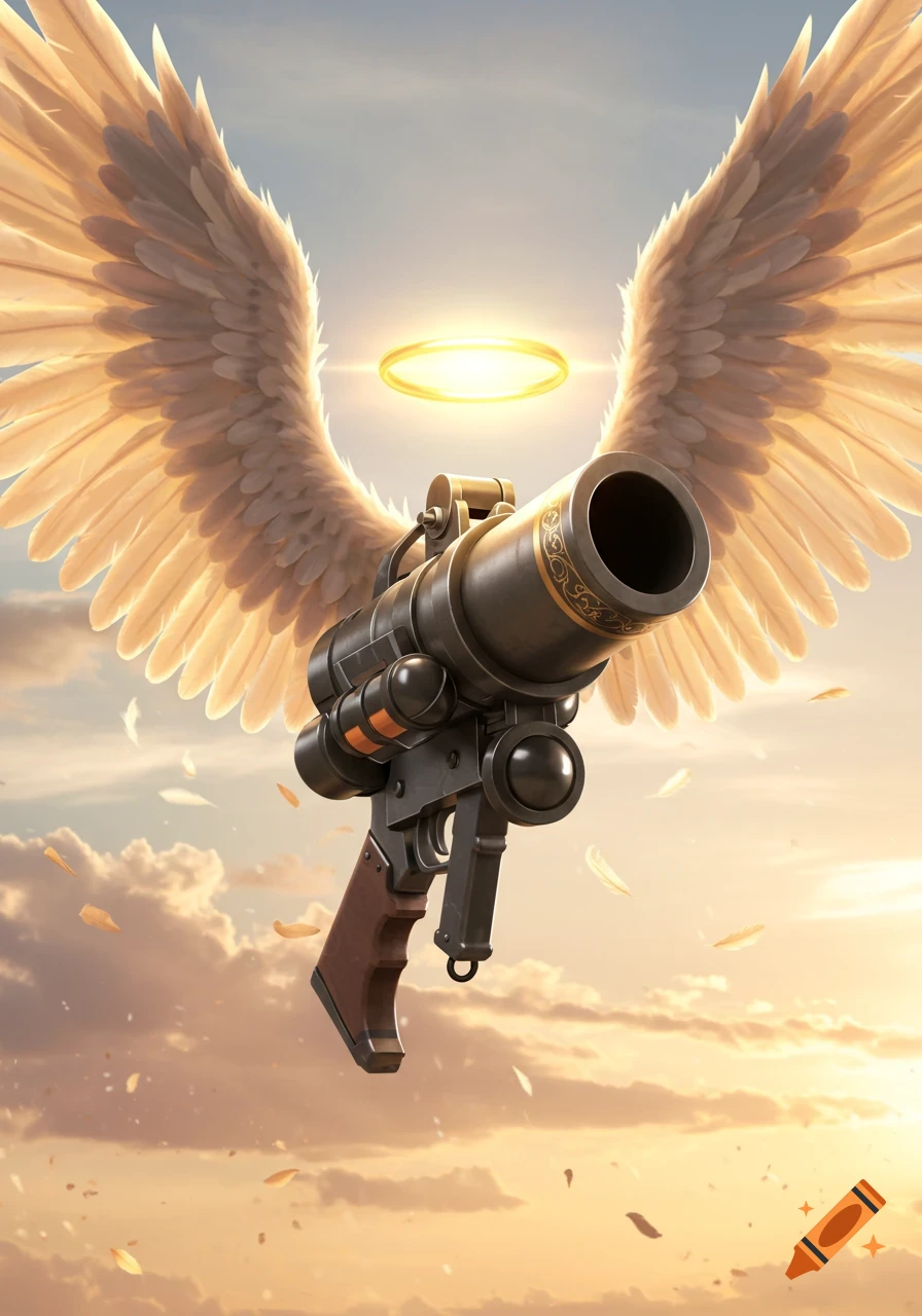 A stylized rocket launcher with large angel wings and a glowing halo floats against a bright, cloudy sky with falling feathers.