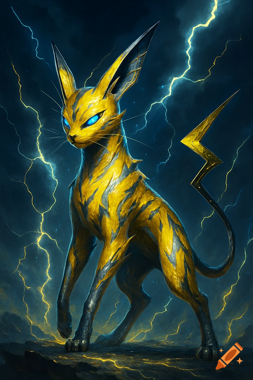 A majestic yellow and black striped cat-like electric creature, resembling a Pokémon, stands amidst crackling lightning.