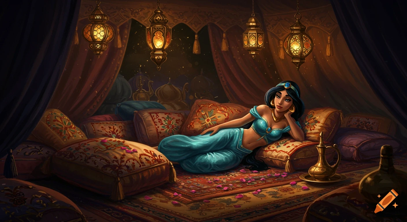 Digital painting of Princess Jasmine reclining on ornate pillows inside an opulent tent lit by hanging lanterns.