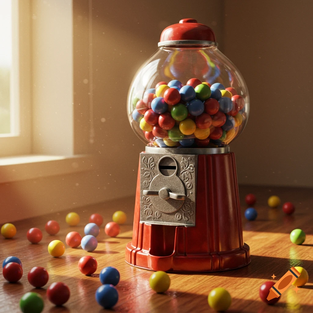 A photorealistic red gumball machine filled with colorful gumballs, with many gumballs spilled on a wooden floor by a sunlit window.