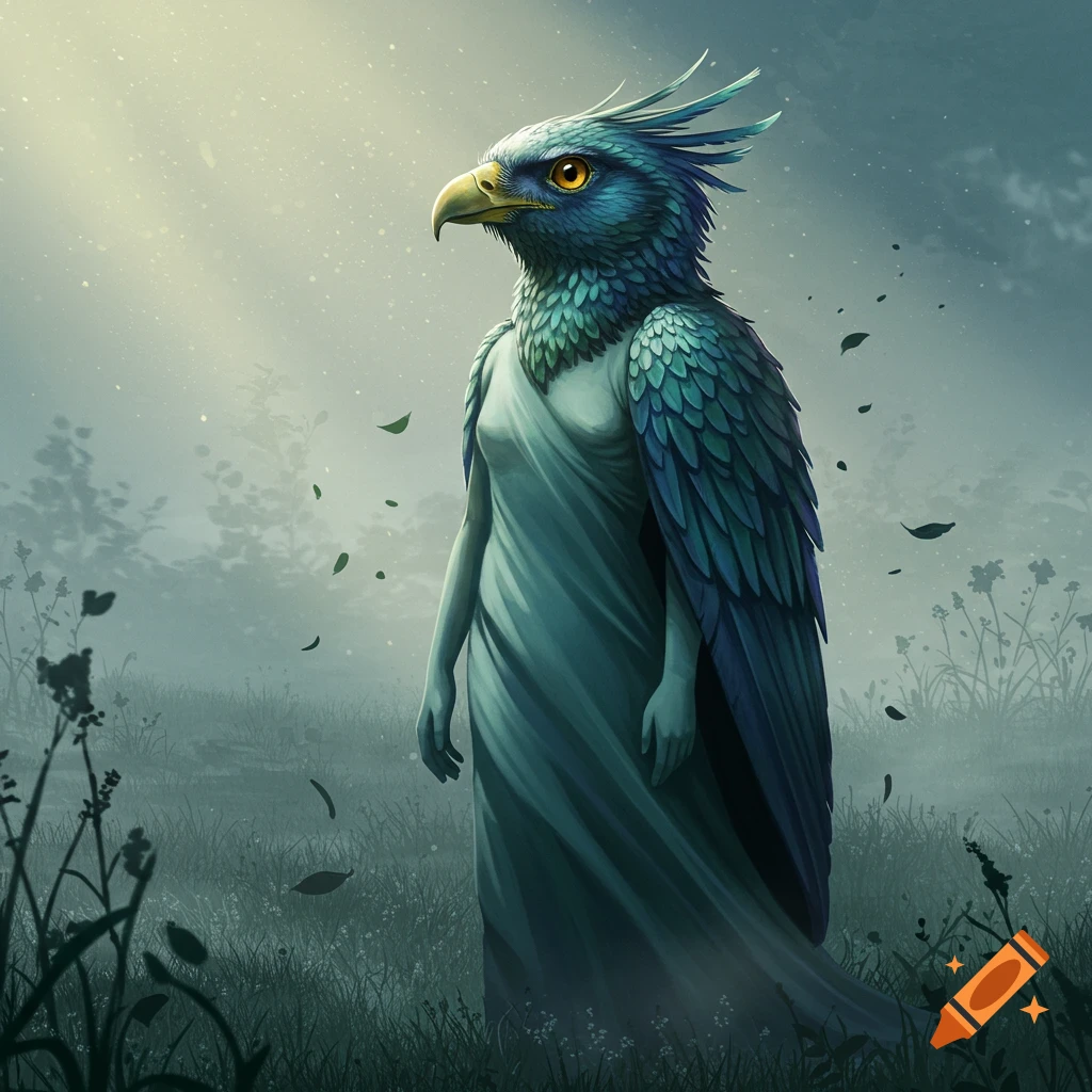 Mythical figure with a blue bird head and feathered wings, wearing a flowing gown, stands in a misty field with falling leaves.