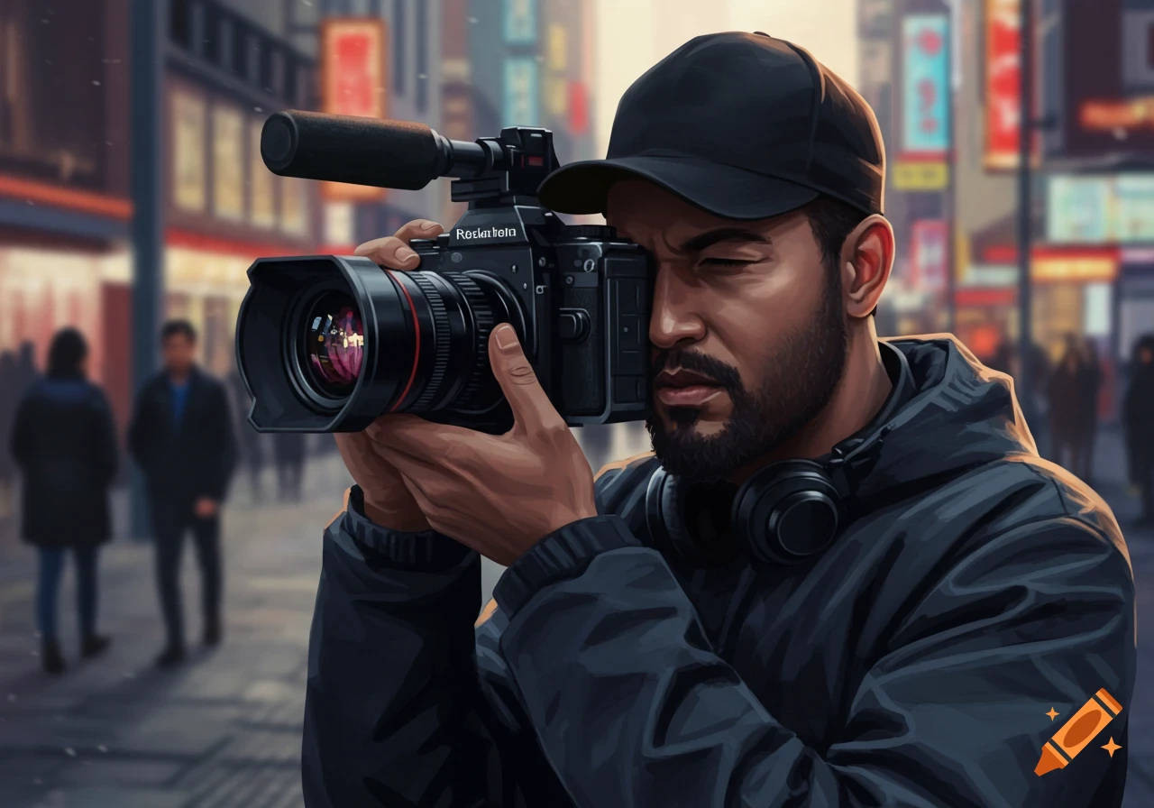 A bearded man in a black hat and hoodie operates a video camera in a bustling city street.