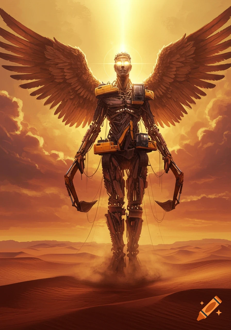 A colossal, winged humanoid angel made of excavators stands in a vast, orange-hued desert under a radiant, cloudy sky.