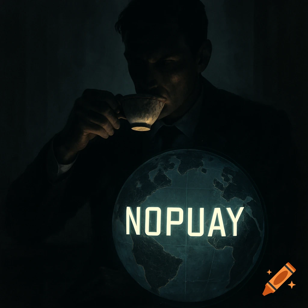 An ominous man in shadow sips tea, lit by a glowing cup, looking at a glowing globe with 'NOPUAY' on it.