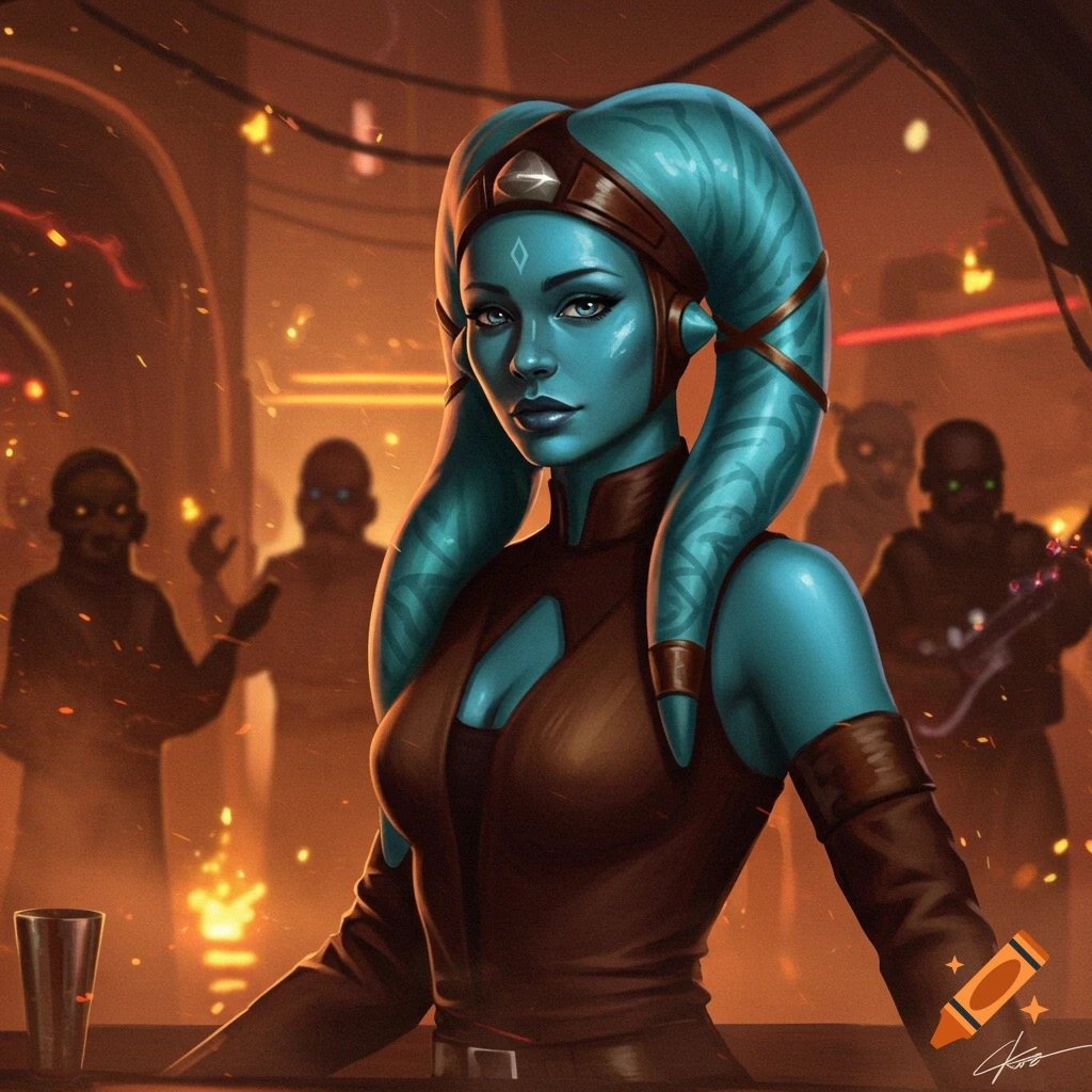 Blue-skinned Twi'lek woman with lekku head-tails in a brown outfit stands at a bar in a dimly lit Star Wars cantina.