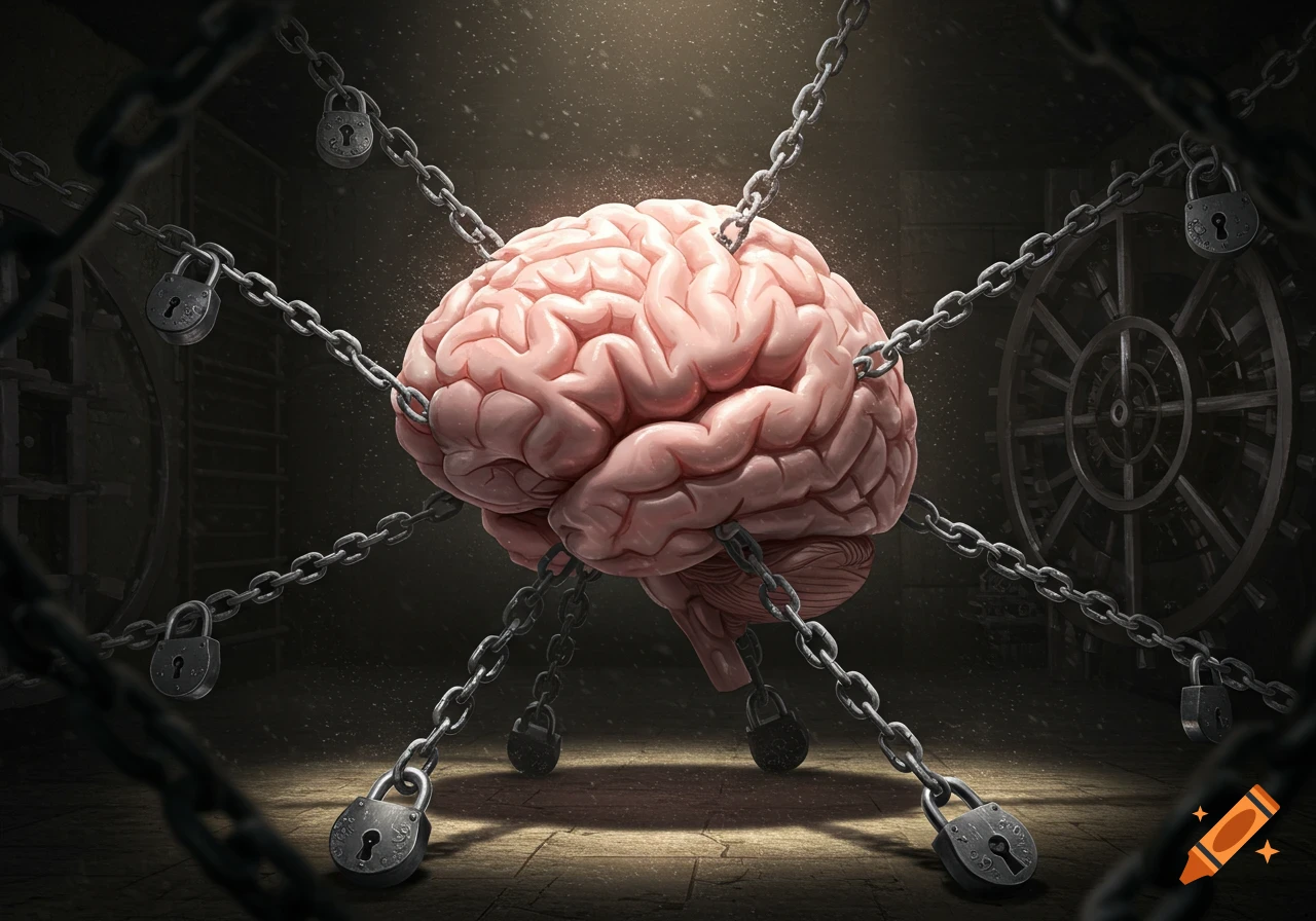 An anatomical human brain is entangled and locked with heavy chains and padlocks in a dark, ominous setting.