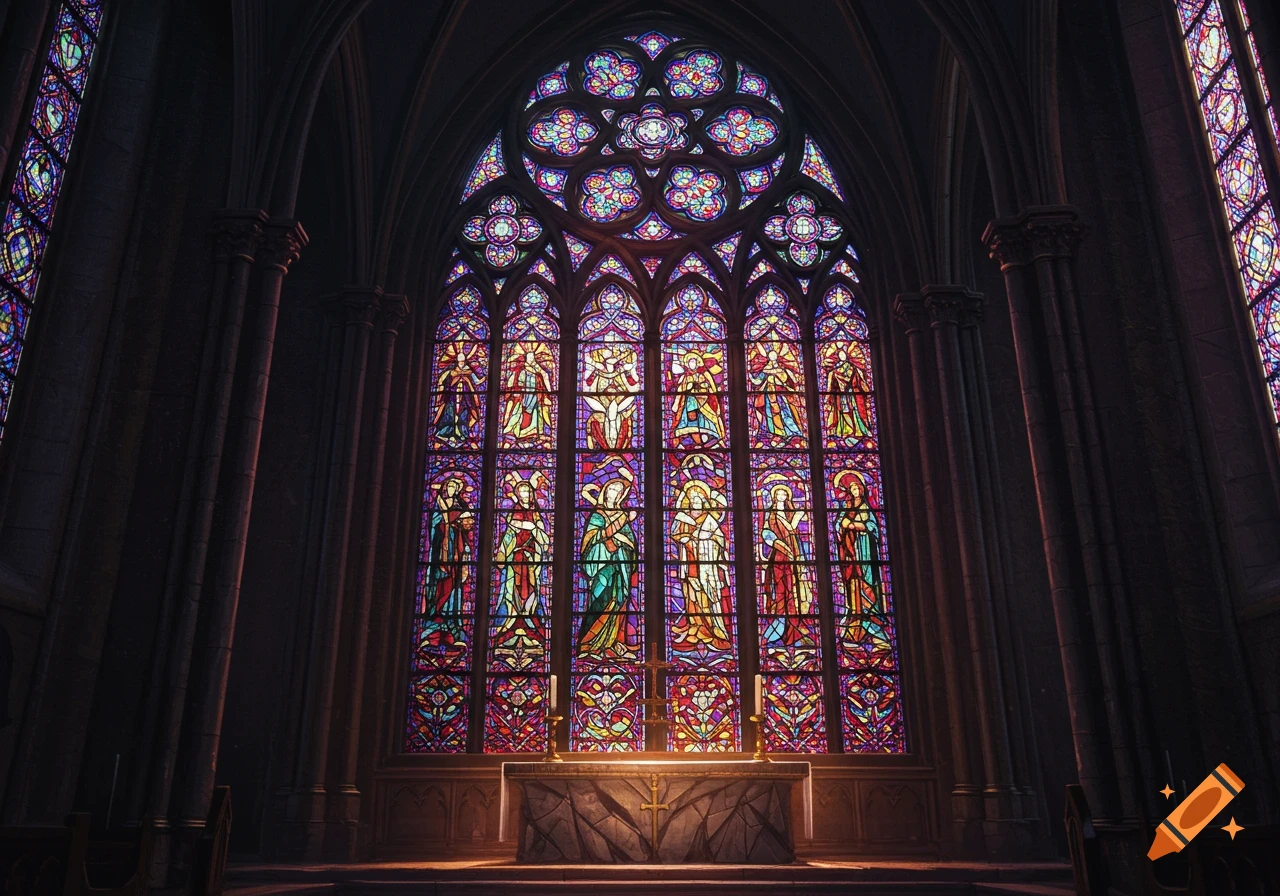 A vibrant, ornate stained glass window depicting religious figures in a gothic church.