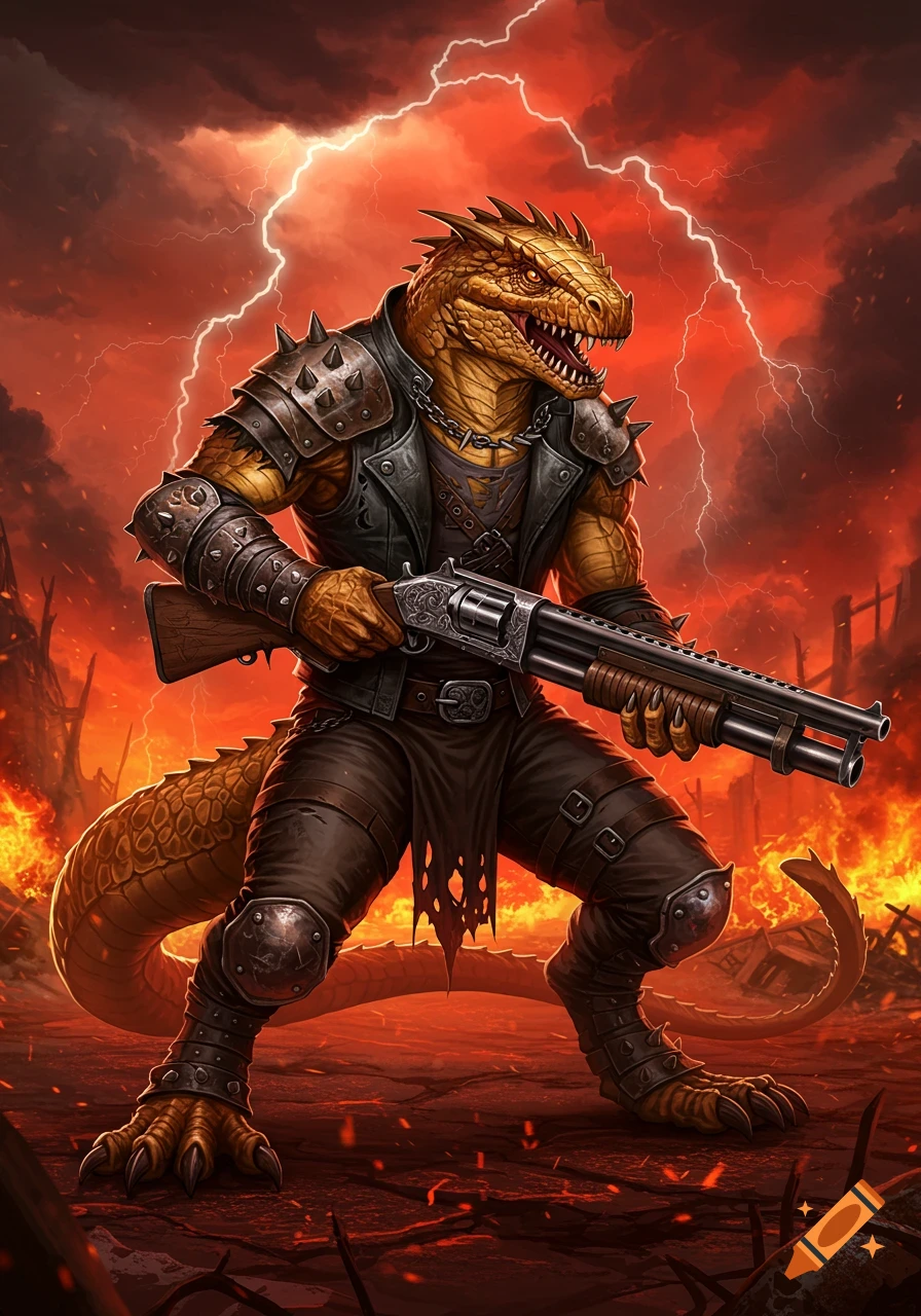 A heavily armored lizardfolk holding a shotgun stands in a fiery, lightning-struck wasteland.