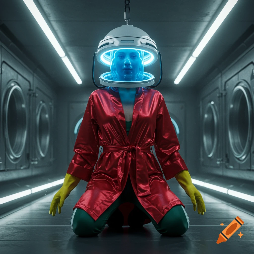 A woman kneels in a futuristic chamber, wearing a red satin robe, green pants, yellow gloves, and a glowing blue sci-fi helmet.