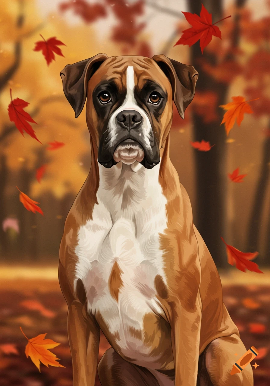 A brown and white Boxer dog sits in an autumn forest with falling red and orange leaves, in an illustrative style.