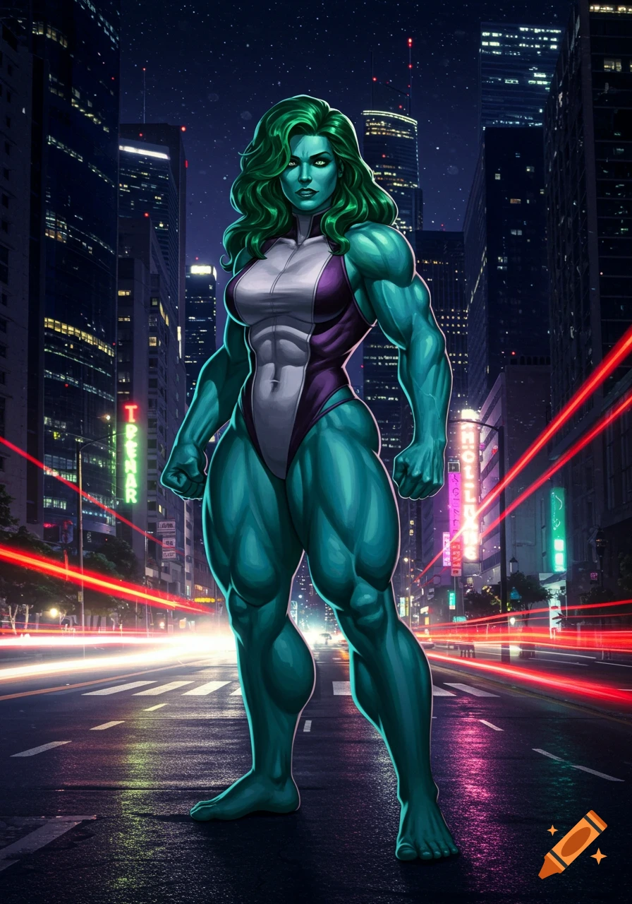 A muscular green female superhero in a white and purple leotard stands barefoot in the middle of a city street at night, with neon lights and streaking car lights in the background. Comic art style.