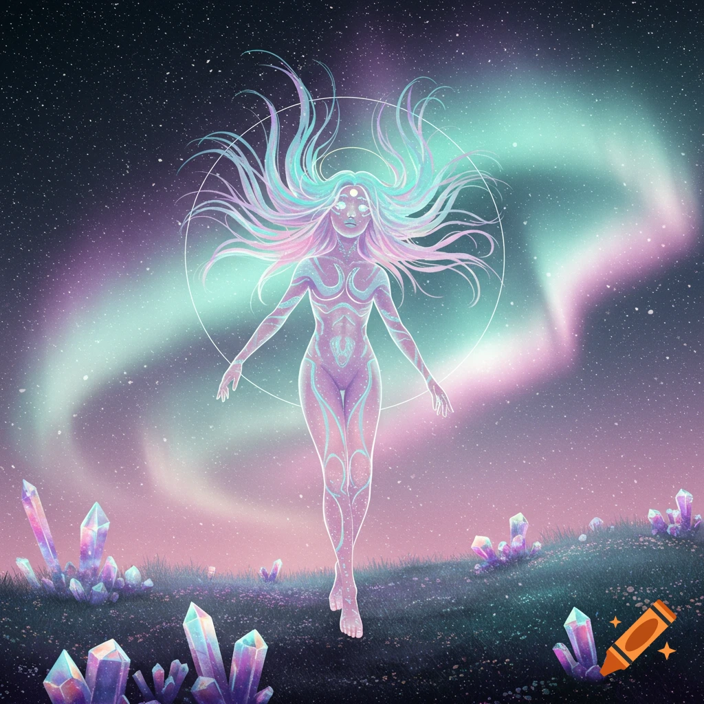 A glowing, ethereal woman with flowing hair and tribal markings floats above a field of crystals under a starry sky with an aurora.