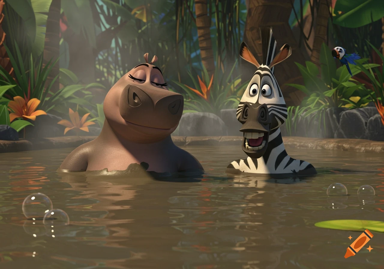 Gloria the hippo and Marty the zebra from Dreamworks Madagascar relaxing chest deep in a muddy hot tub, 3D animation.
