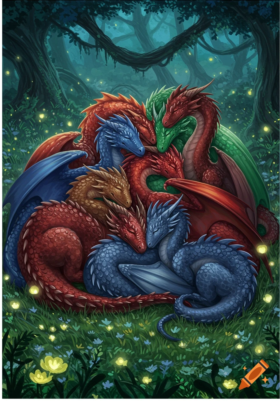 Illustrated fantasy art of a group of colorful dragons cuddling in a magical, glowing forest.
