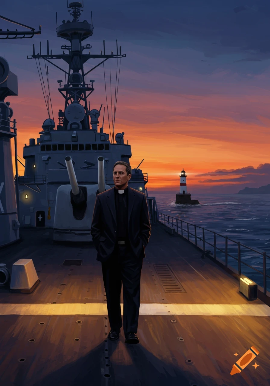A pastor in a black suit with a clerical collar stands on the deck of a navy warship at sunset, a lighthouse in the distance. Illustration.