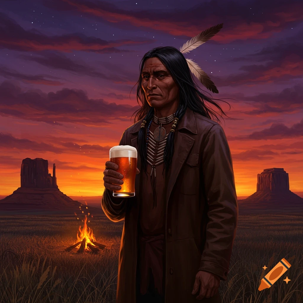 Illustrated Native American man holding a beer glass, standing in a field with a campfire, against a dramatic sunset with distant buttes.