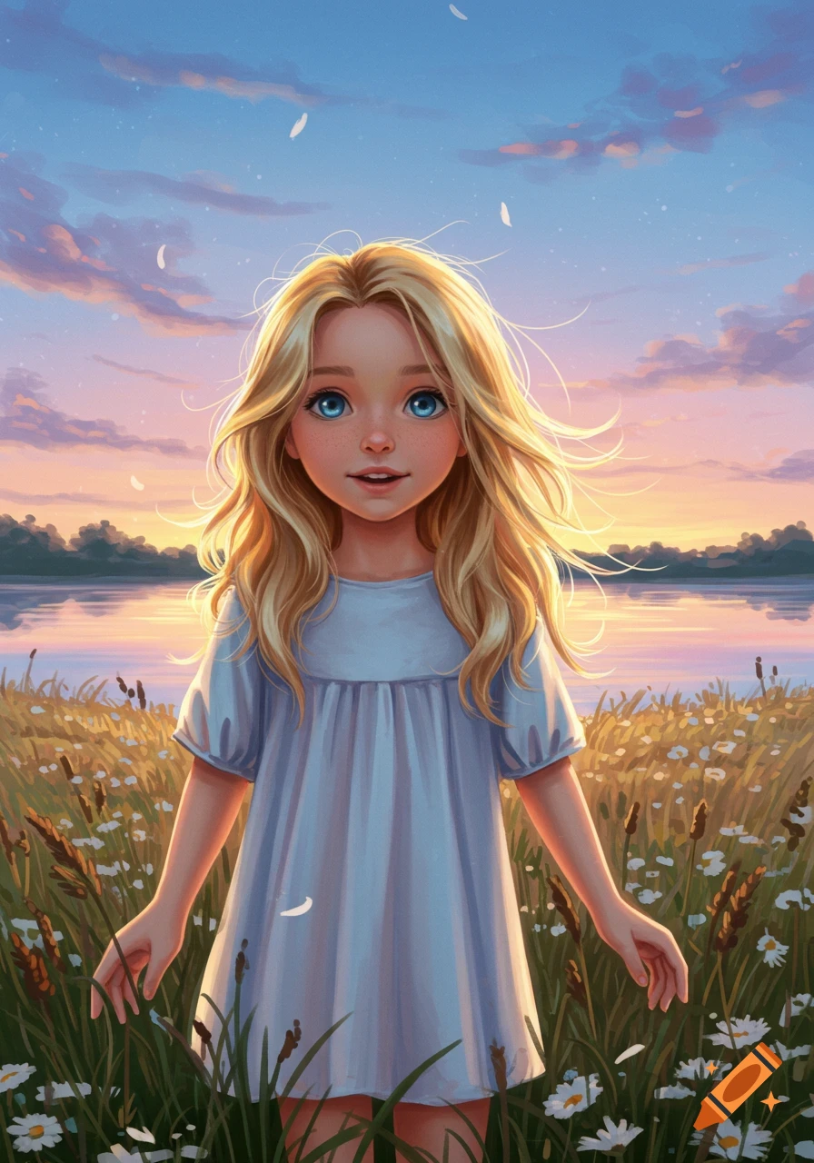 A blonde girl with blue eyes in a light blue dress stands in a field of wildflowers by a lake at sunset in a digital illustration.