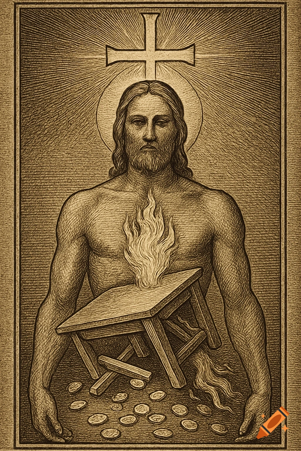 Sepia-toned engraving of a bare-chested Jesus with a flaming heart, overturned table, and scattered coins, with a radiant cross above.
