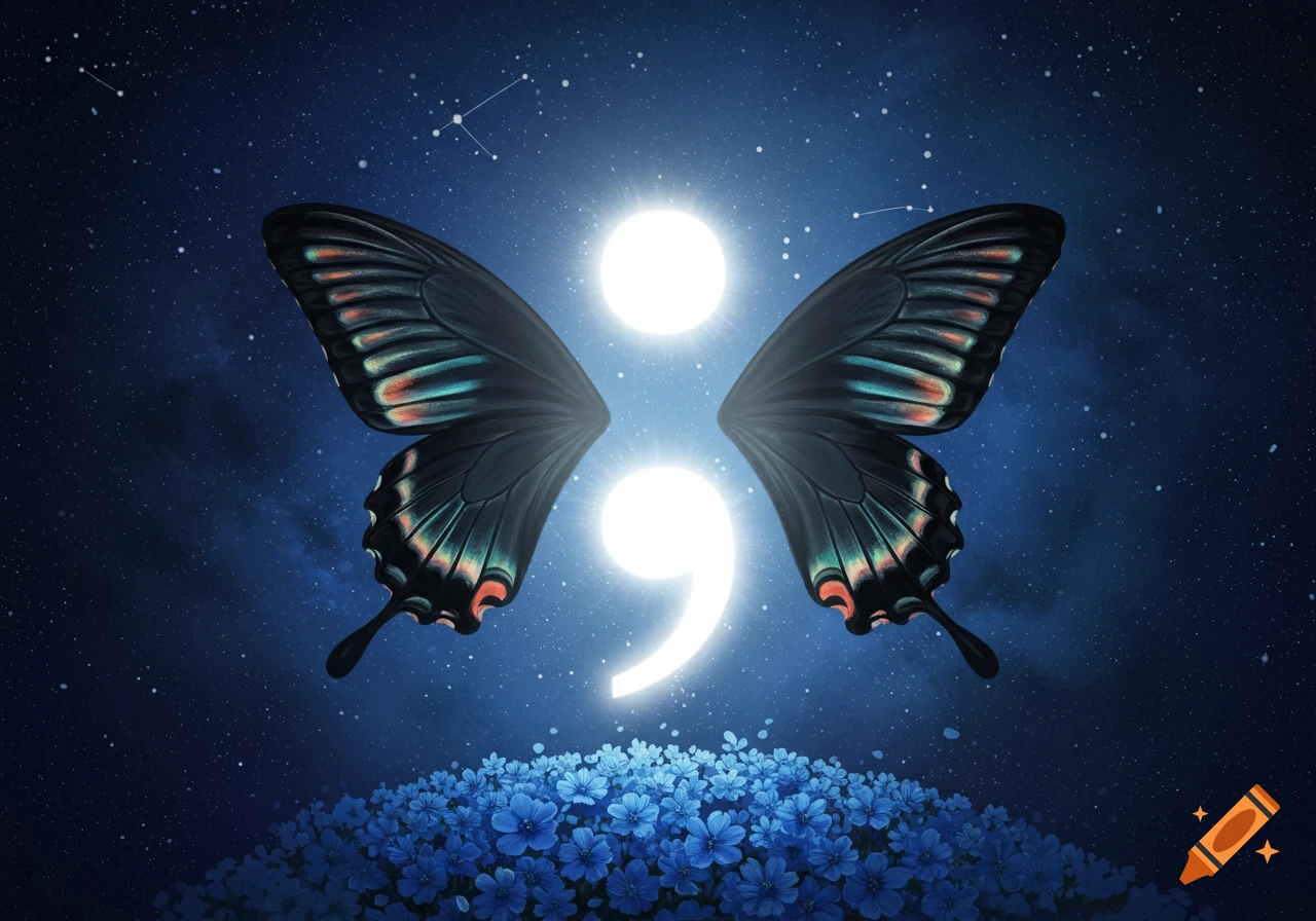 A glowing semicolon with iridescent butterfly wings against a dark starry sky, above blue flowers.