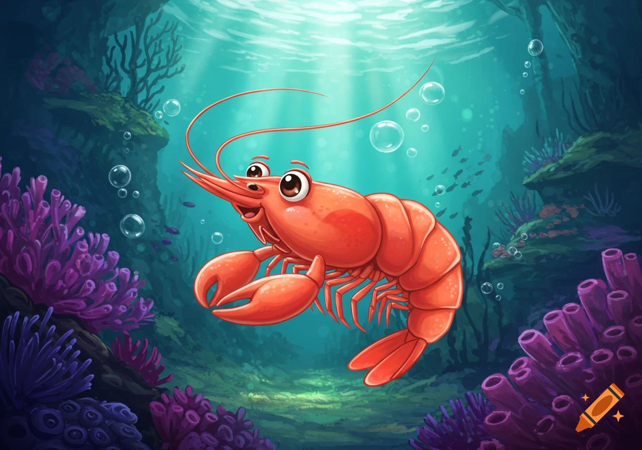 A cheerful cartoon shrimp with large eyes swims in a vibrant underwater coral reef with fish and bubbles.