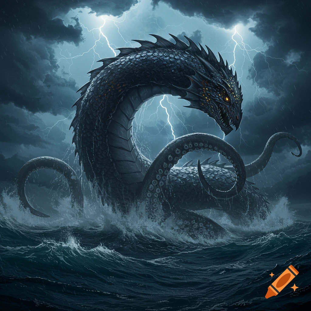 A giant, scaly sea monster with glowing eyes and tentacles emerges from a stormy ocean under a lightning sky. Digital painting.