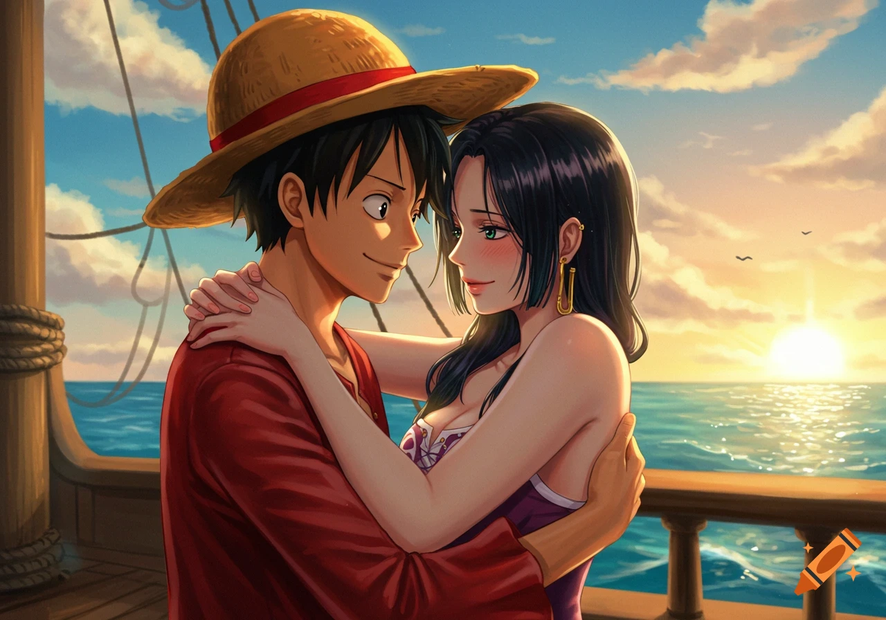 Anime characters Luffy and Hancock share a sweet hug on a ship deck during sunset.