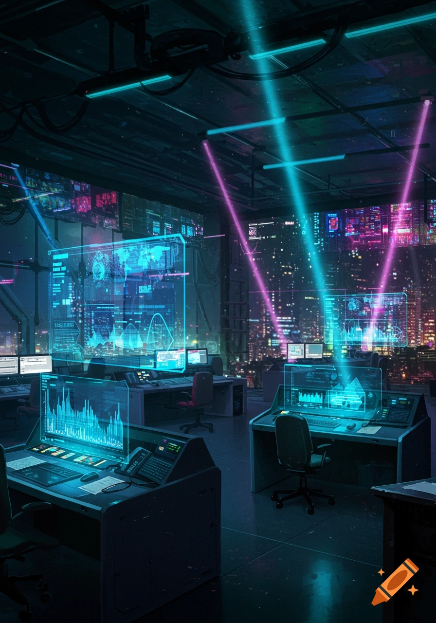 A futuristic cyberpunk news broadcasting station control room with holographic screens displaying data and a neon city skyline in the background.