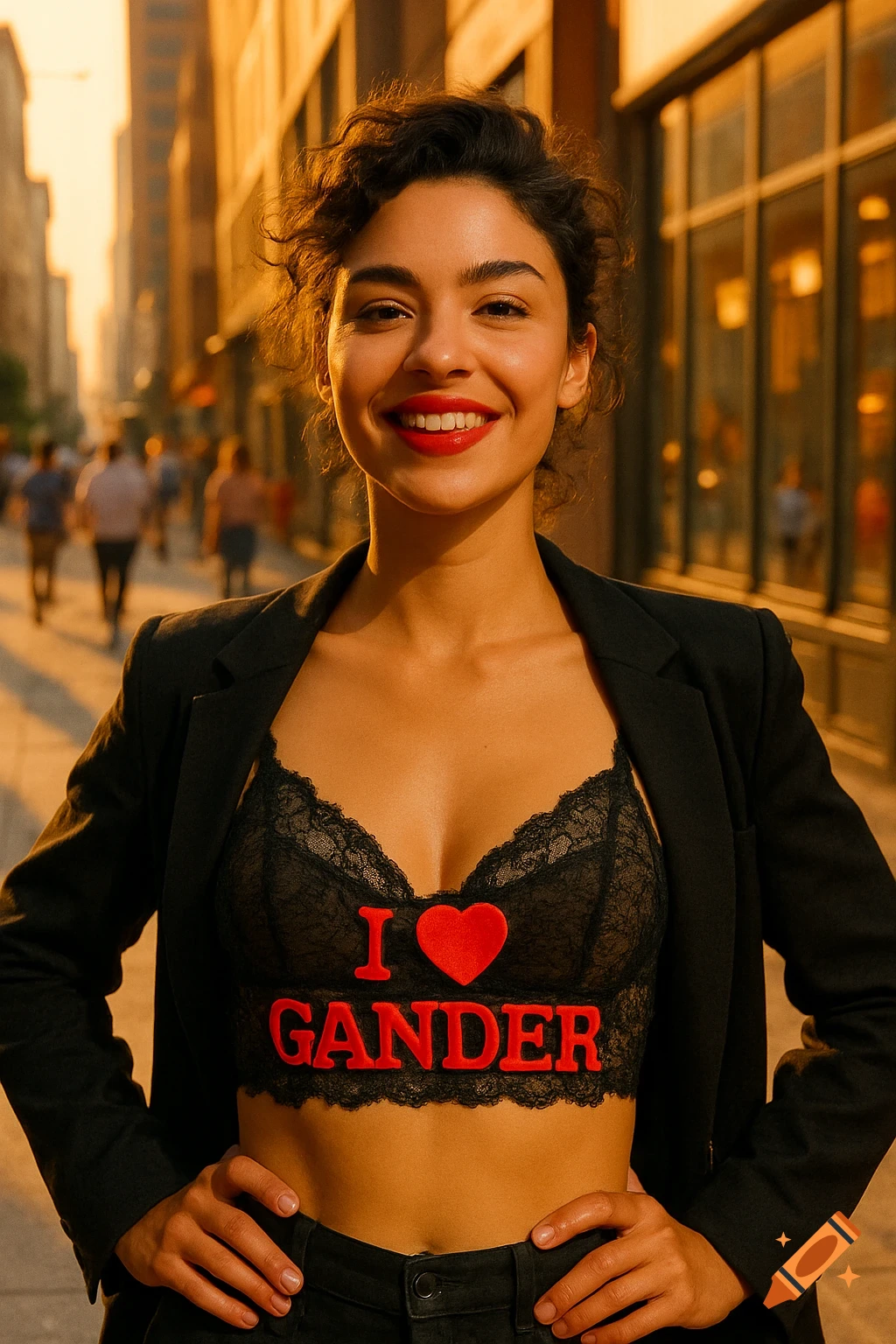A smiling woman in a black lace bra with "I GANDER" and an open black blazer stands on a sunny city street.
