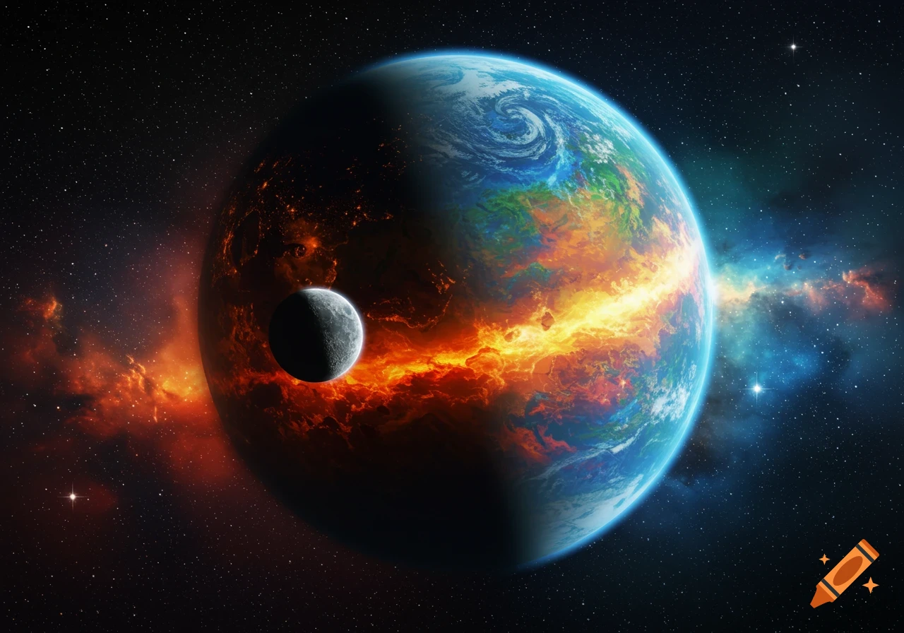 A vibrant, colorful planet, half lush blue and half fiery orange, with a gray moon orbiting it in a star-filled galaxy.