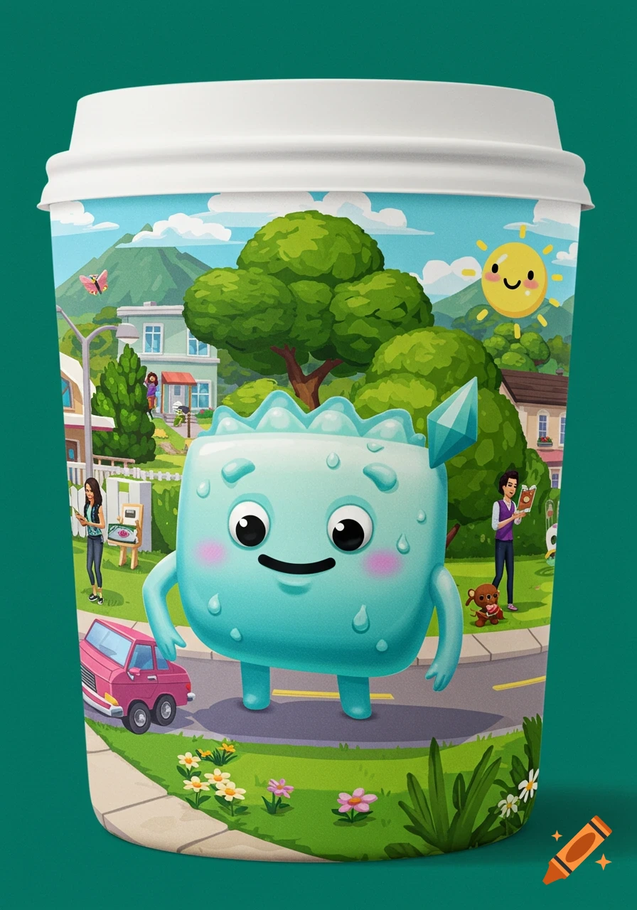 Colorful cartoon coffee cup wrap featuring a light blue Sims 4-style monster in a sunny suburban neighborhood with people, houses, and a pink car.