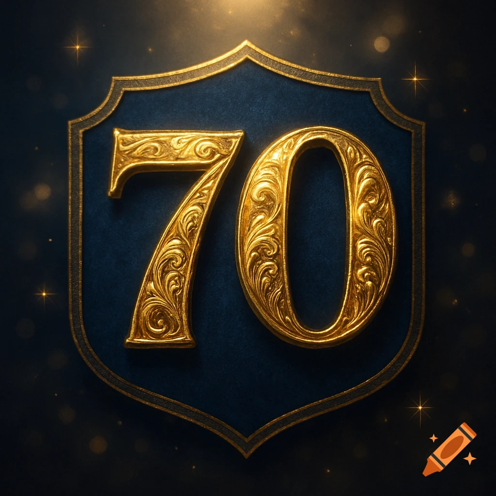 Ornate golden number 70 on a dark blue shield with sparkling bokeh lights.