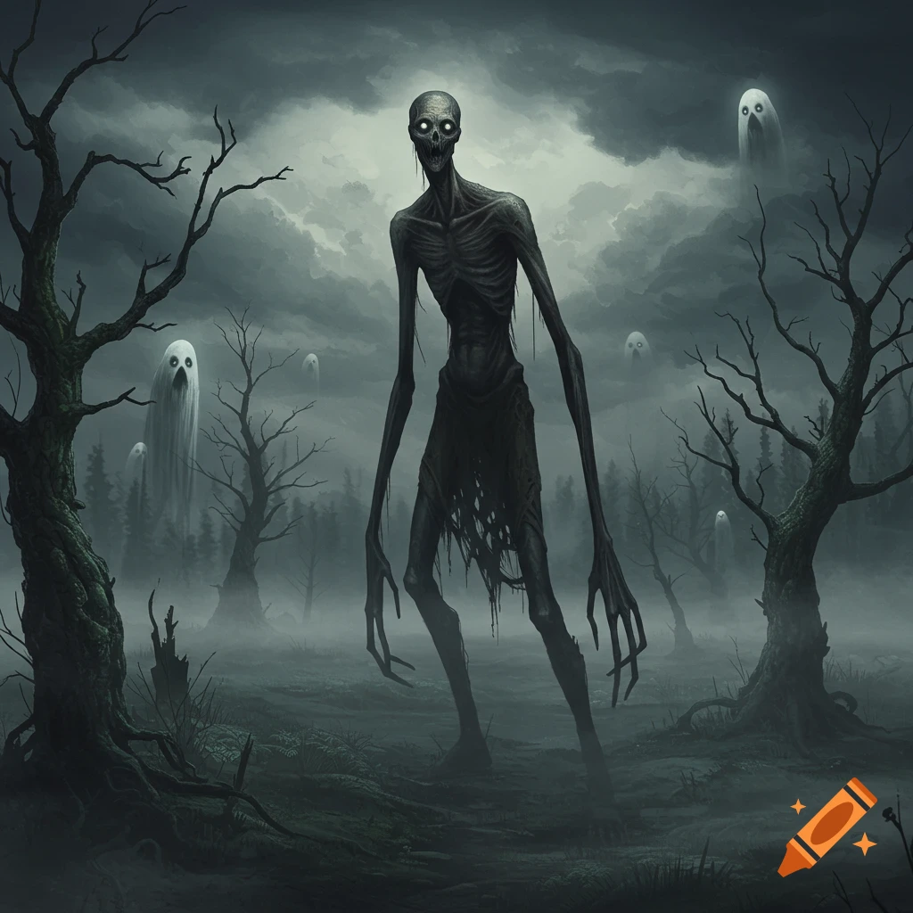 A tall, emaciated monster with glowing eyes stands in a dark, foggy forest, surrounded by floating white ghosts, in a haunting horror art style.