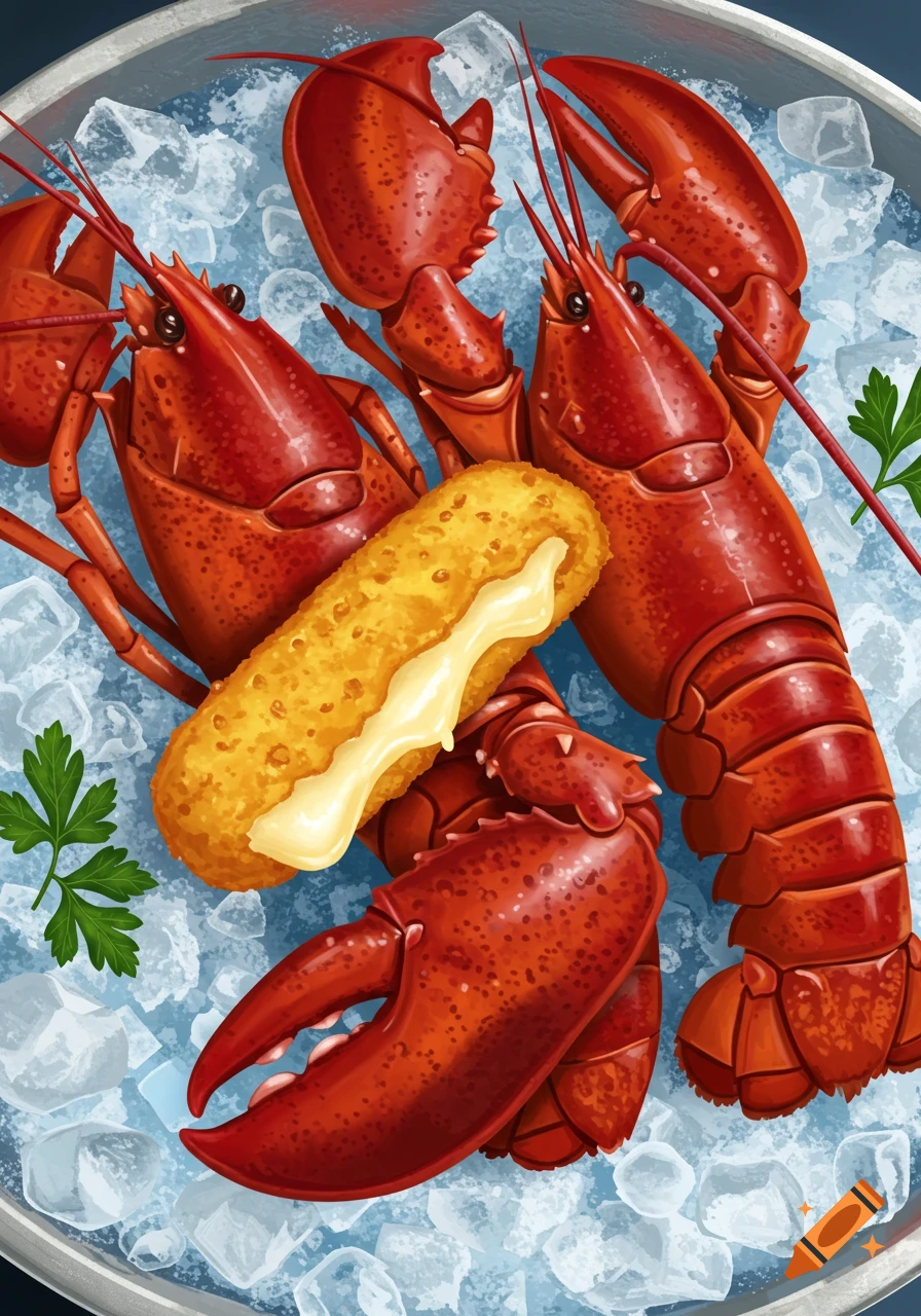 Two red lobsters and a golden mozzarella stick on a bed of ice, with green parsley garnishes, in a stylized, illustrative style.